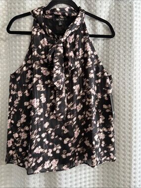 BCBG Black Floral Tie-Neck Halter Camisole with Pink Accents